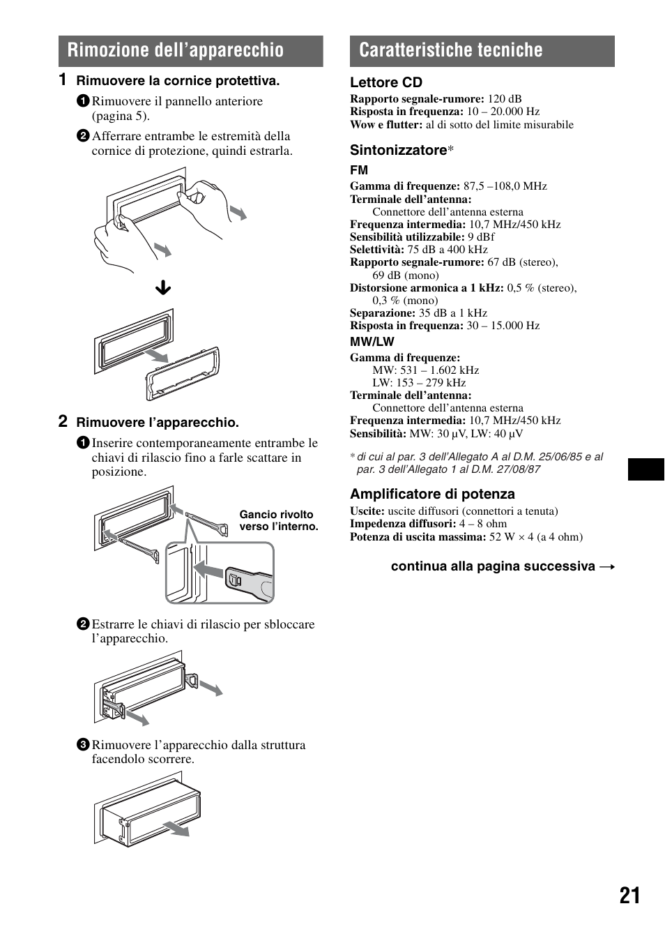 Rimozione dell’apparecchio, Caratteristiche tecniche | Sony CDX-GT55IP User Manual | Page 91 / 120