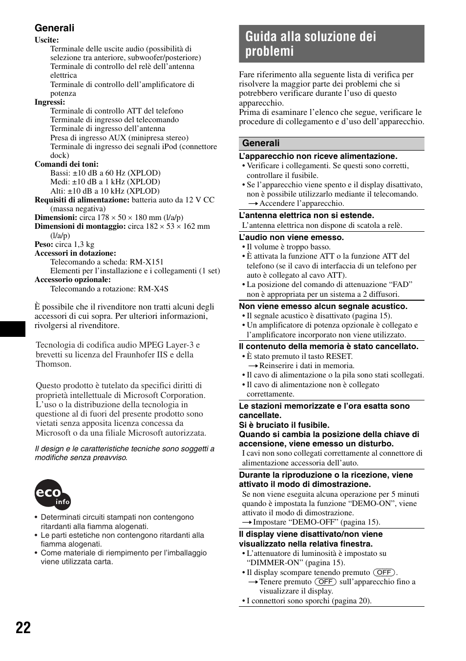 Guida alla soluzione dei problemi, Generali | Sony CDX-GT55IP User Manual | Page 92 / 120