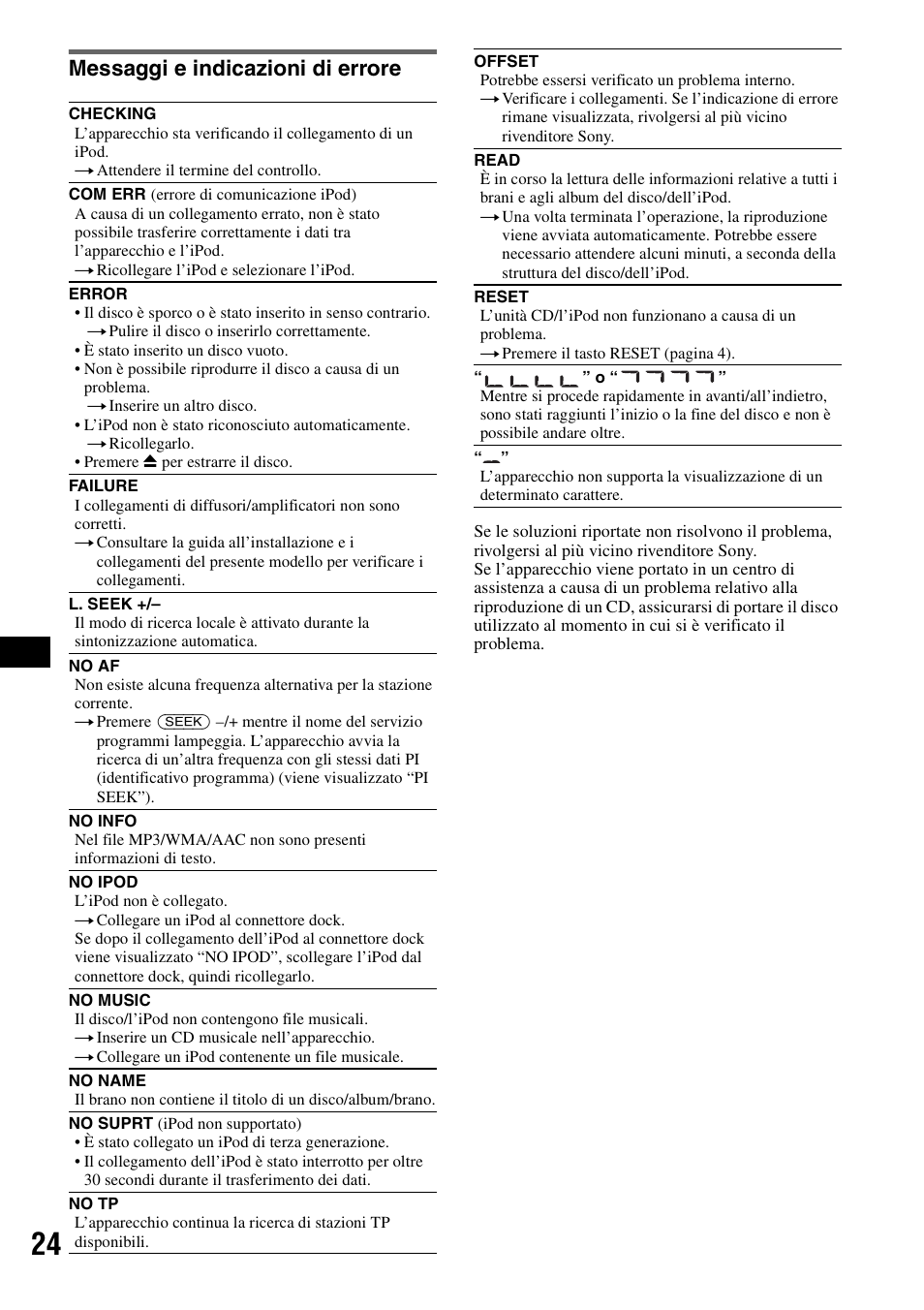 Messaggi e indicazioni di errore | Sony CDX-GT55IP User Manual | Page 94 / 120
