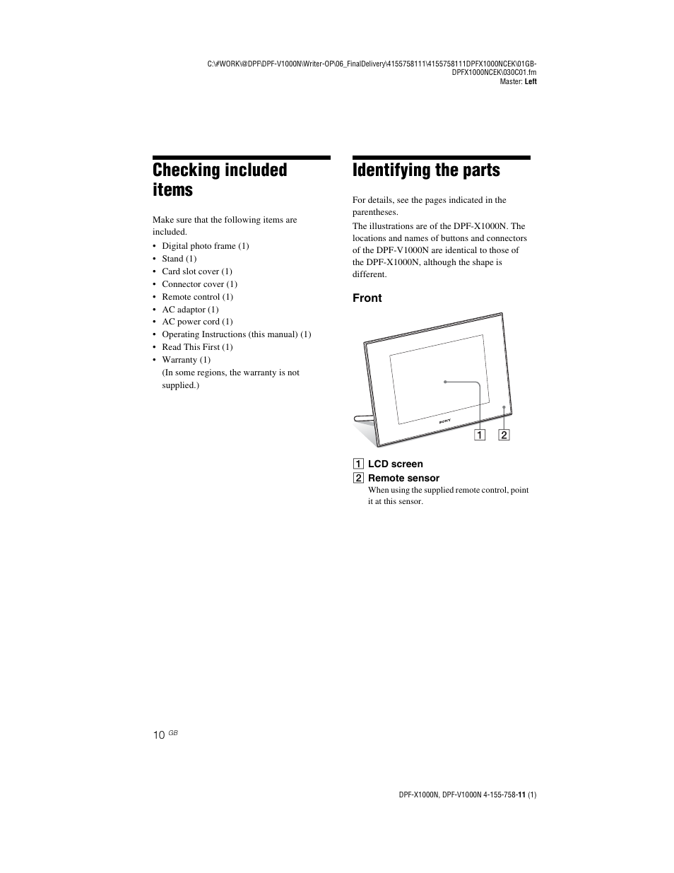 Checking included items, Identifying the parts | Sony S-Frame DPF-V1000N User Manual | Page 10 / 80