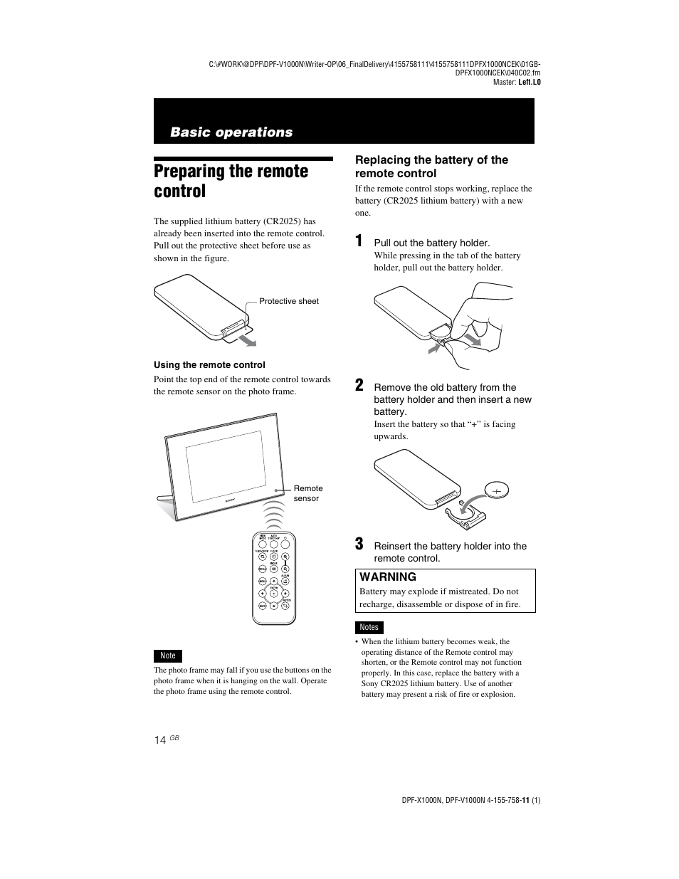 Basic operations, Preparing the remote control | Sony S-Frame DPF-V1000N User Manual | Page 14 / 80