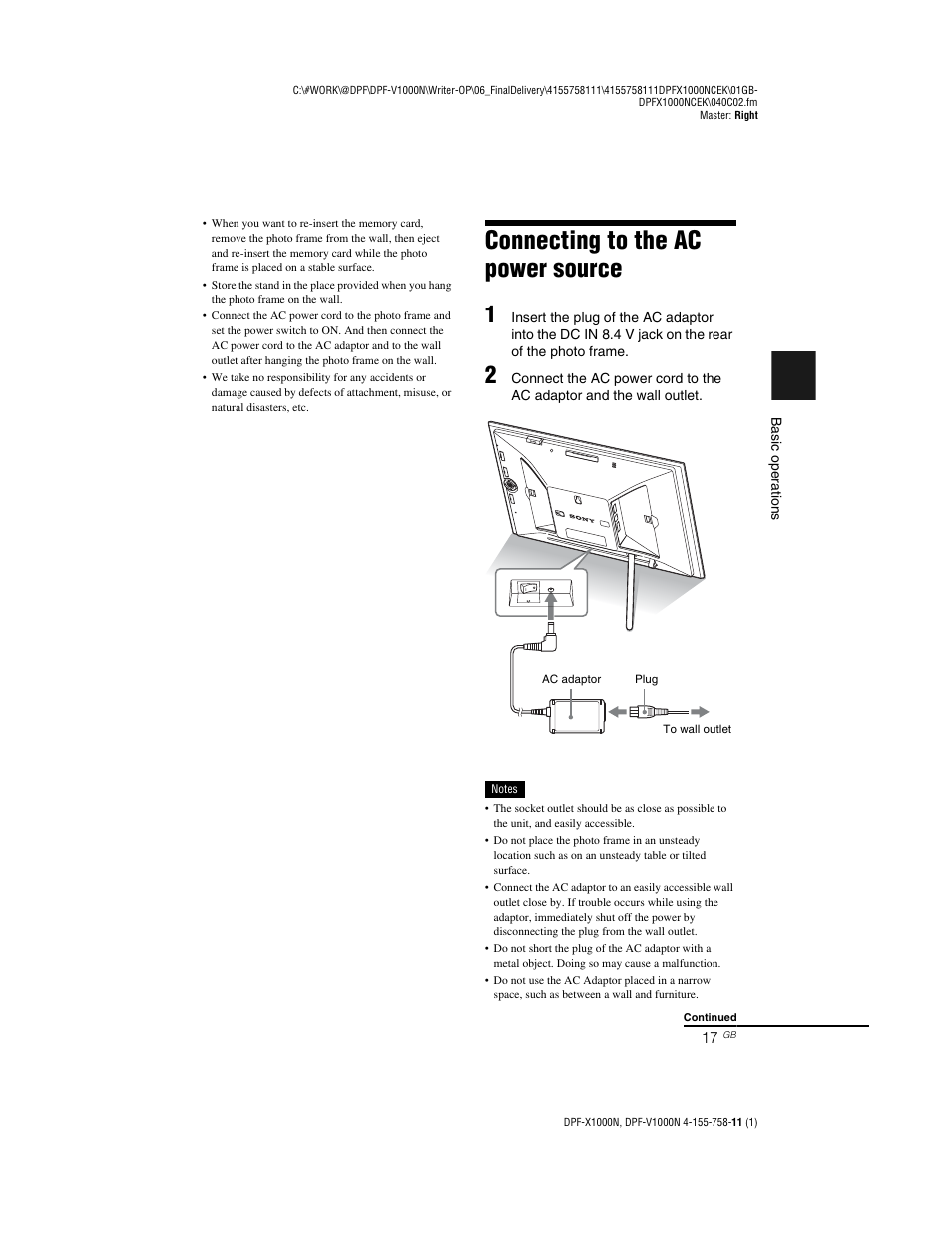 Connecting to the ac power source | Sony S-Frame DPF-V1000N User Manual | Page 17 / 80