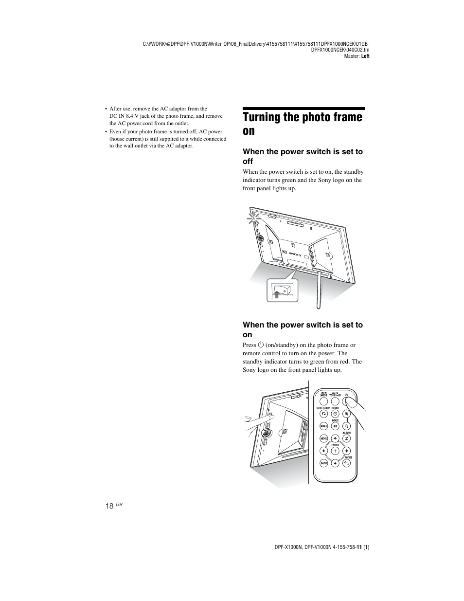 Turning the photo frame on | Sony S-Frame DPF-V1000N User Manual | Page 18 / 80