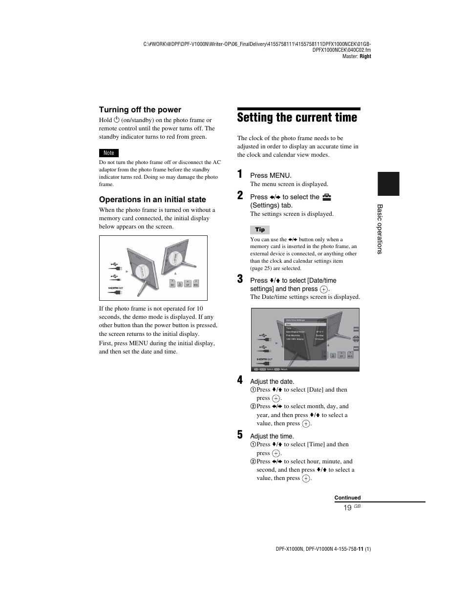Setting the current time | Sony S-Frame DPF-V1000N User Manual | Page 19 / 80
