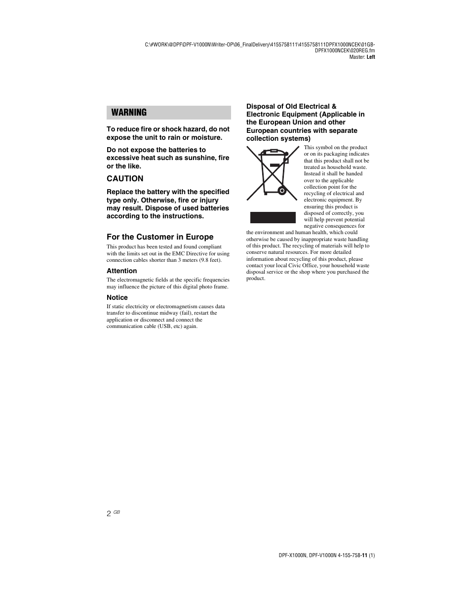 Warning | Sony S-Frame DPF-V1000N User Manual | Page 2 / 80