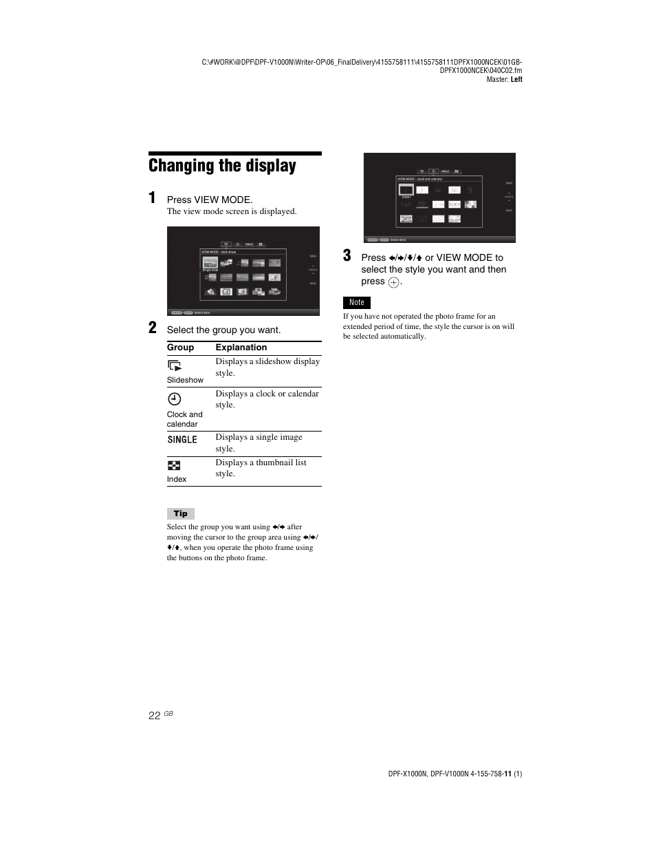Changing the display | Sony S-Frame DPF-V1000N User Manual | Page 22 / 80