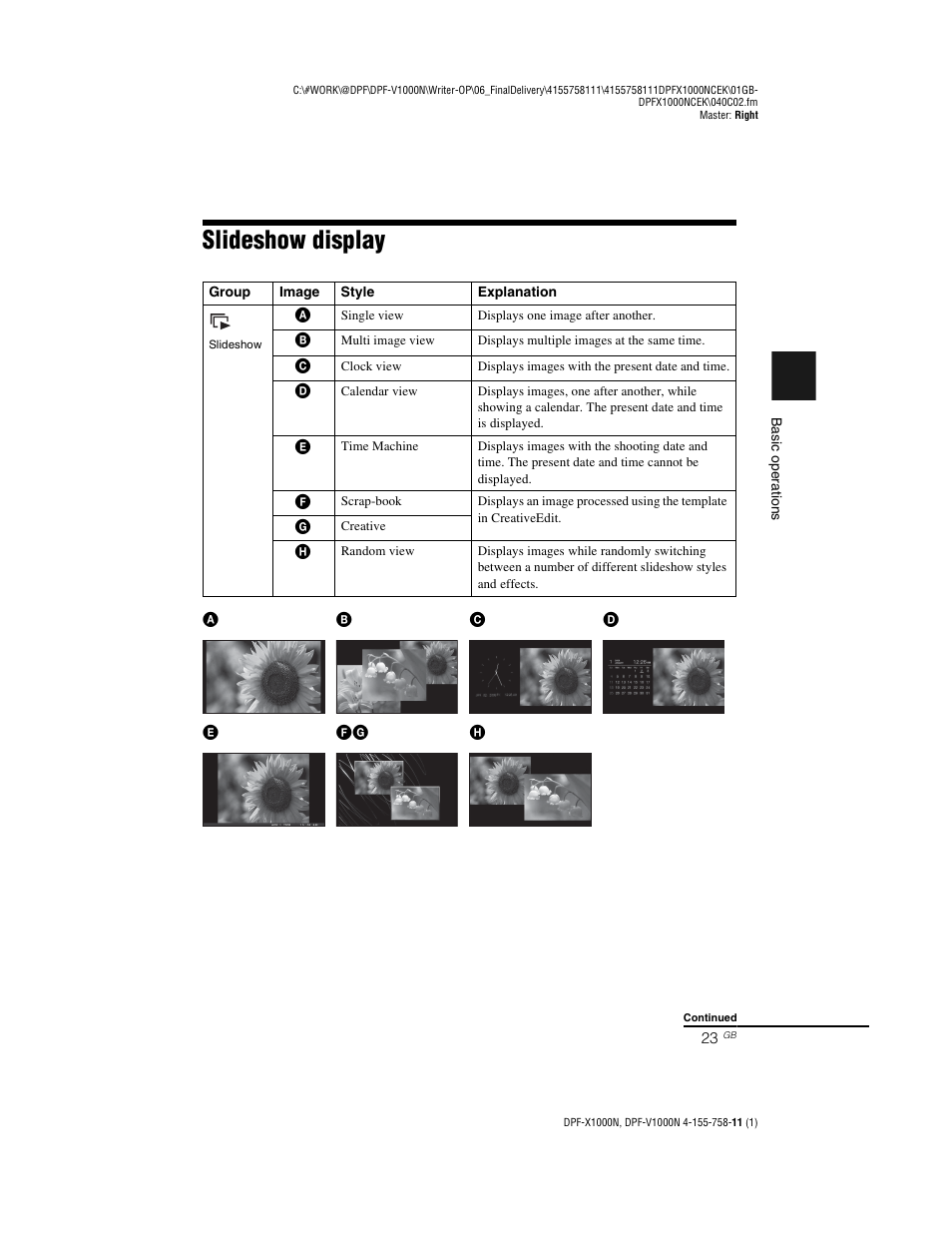 Slideshow display | Sony S-Frame DPF-V1000N User Manual | Page 23 / 80