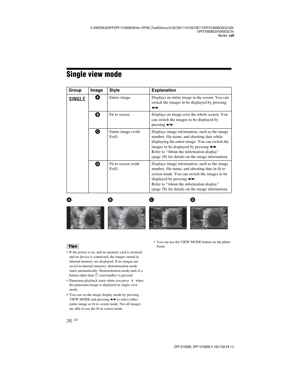 Single view mode | Sony S-Frame DPF-V1000N User Manual | Page 26 / 80