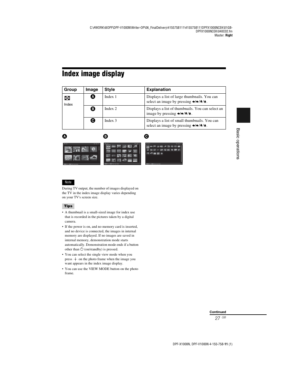 Index image display | Sony S-Frame DPF-V1000N User Manual | Page 27 / 80