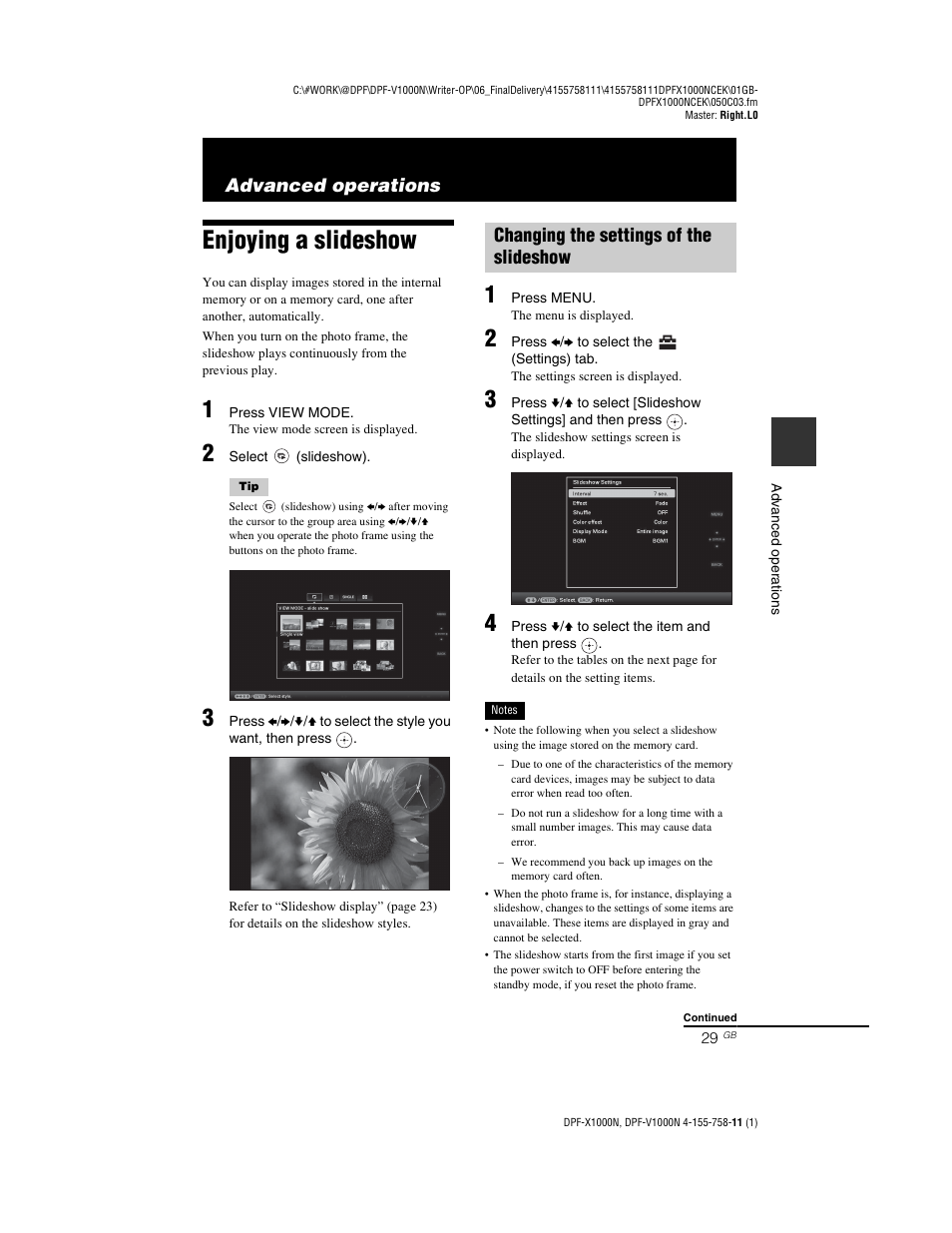 Advanced operations, Enjoying a slideshow, Changing the settings of the slideshow | Sony S-Frame DPF-V1000N User Manual | Page 29 / 80