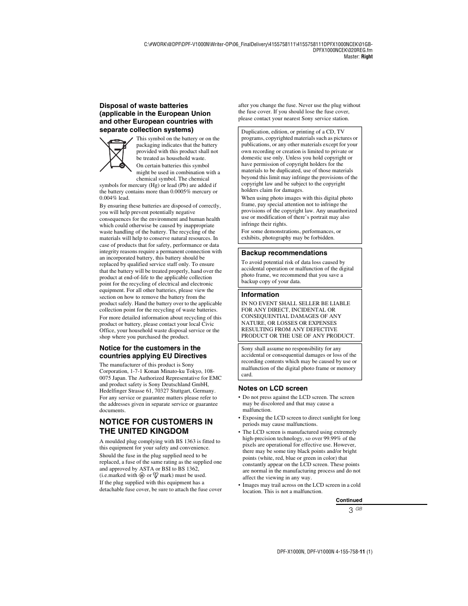Notice for customers in the united kingdom | Sony S-Frame DPF-V1000N User Manual | Page 3 / 80