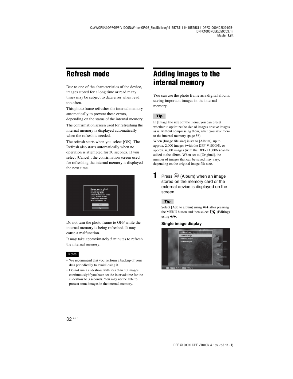 Refresh mode, Adding images to the internal memory | Sony S-Frame DPF-V1000N User Manual | Page 32 / 80
