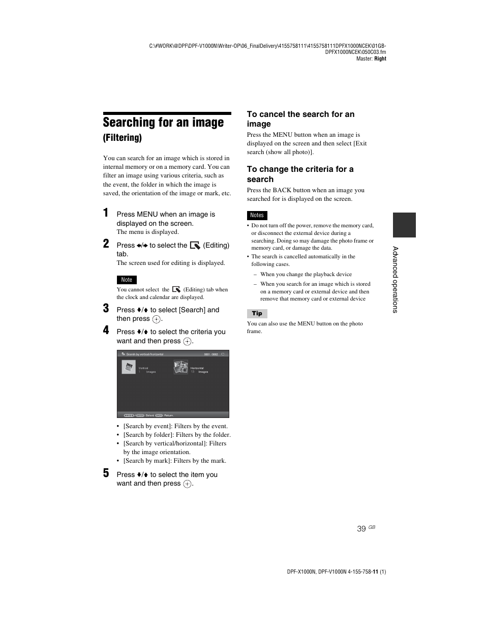 Searching for an image (filtering), Searching for an image, Filtering) | Sony S-Frame DPF-V1000N User Manual | Page 39 / 80