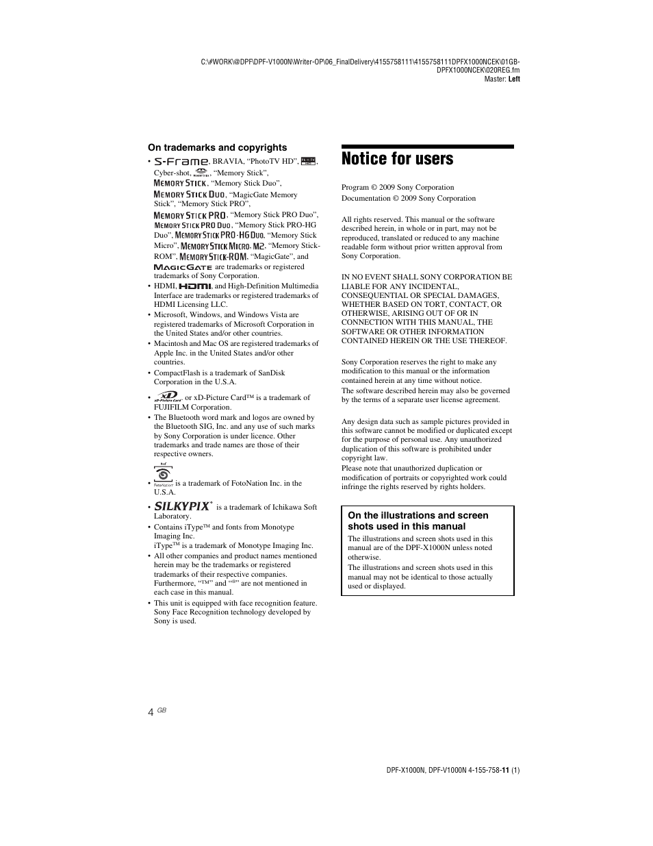 Notice for users | Sony S-Frame DPF-V1000N User Manual | Page 4 / 80