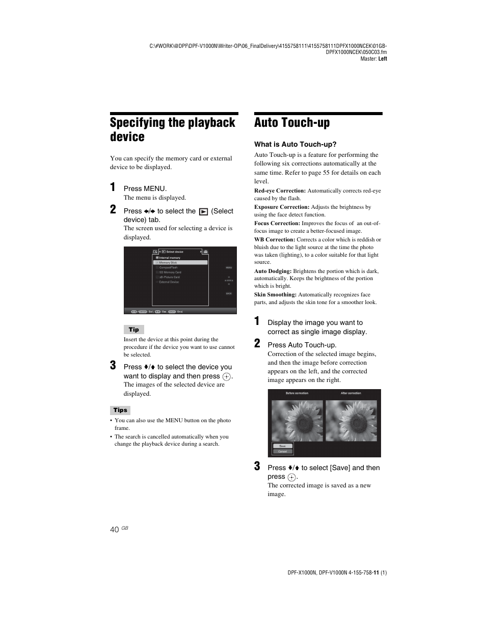 Specifying the playback device, Auto touch-up | Sony S-Frame DPF-V1000N User Manual | Page 40 / 80