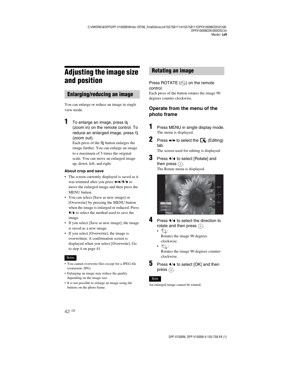 Adjusting the image size and position, Enlarging/reducing an image, Rotating an image | Adjusting the image size and, Enlarging/reducing an image rotating an image | Sony S-Frame DPF-V1000N User Manual | Page 42 / 80