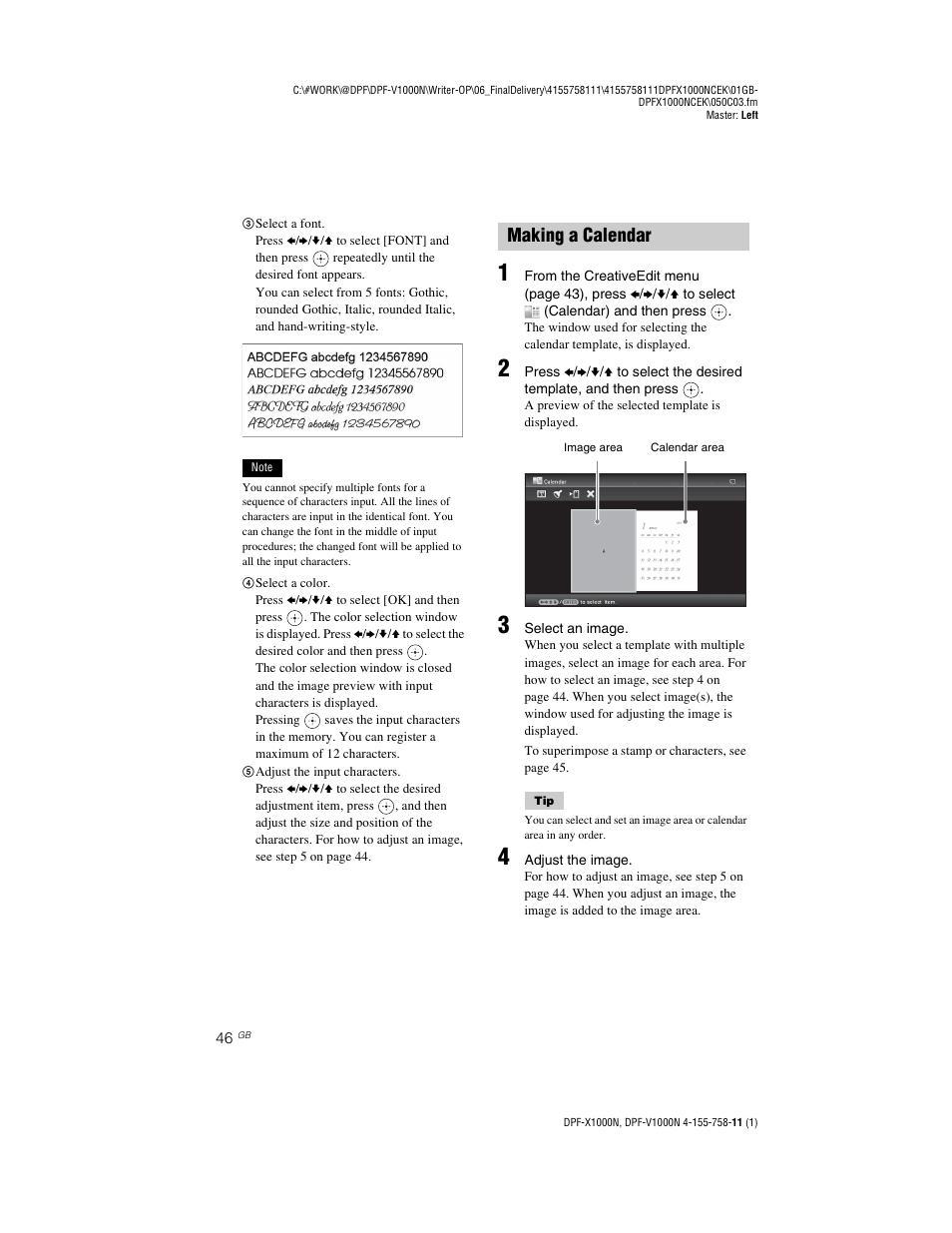 Making a calendar | Sony S-Frame DPF-V1000N User Manual | Page 46 / 80