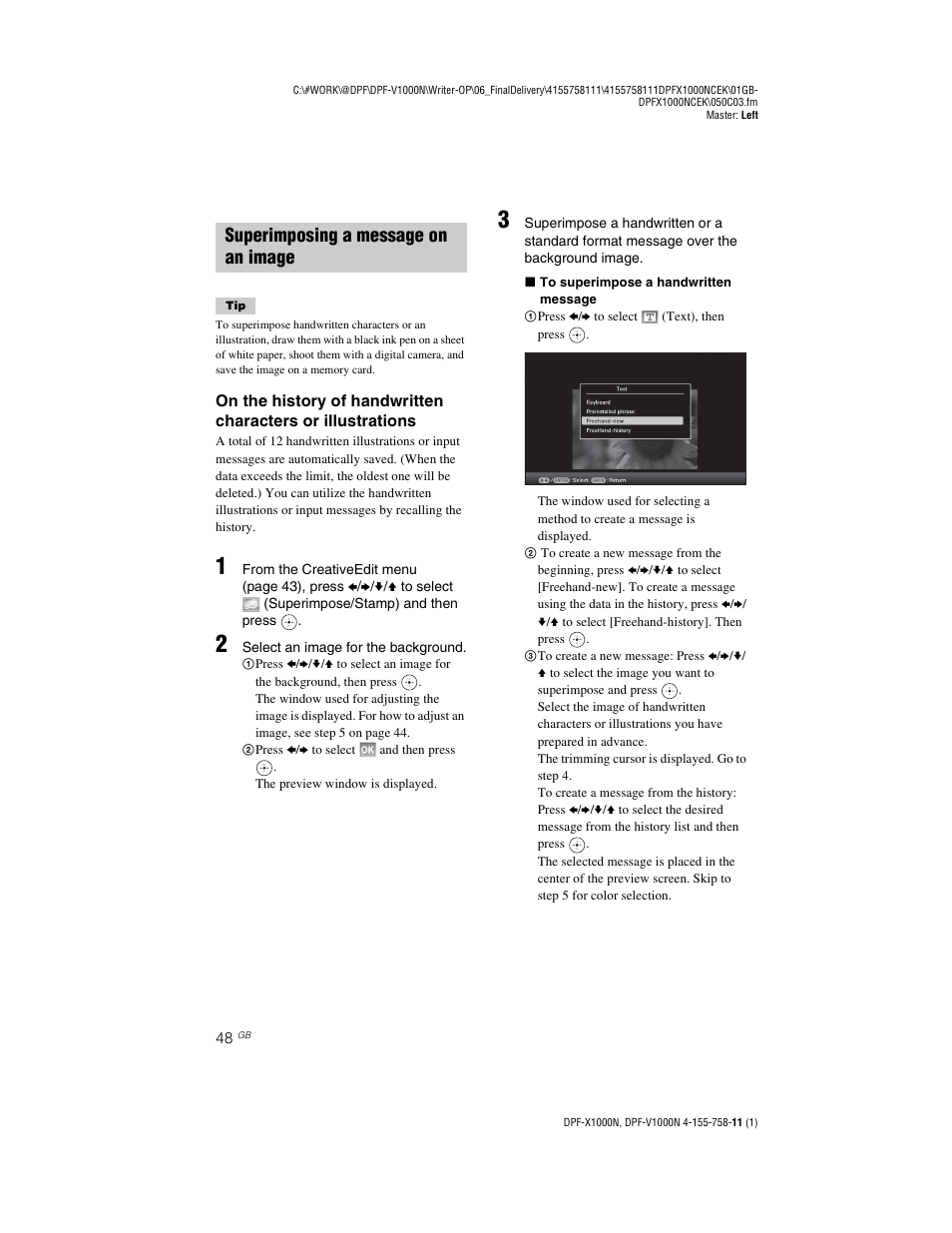 Superimposing a message on an image | Sony S-Frame DPF-V1000N User Manual | Page 48 / 80