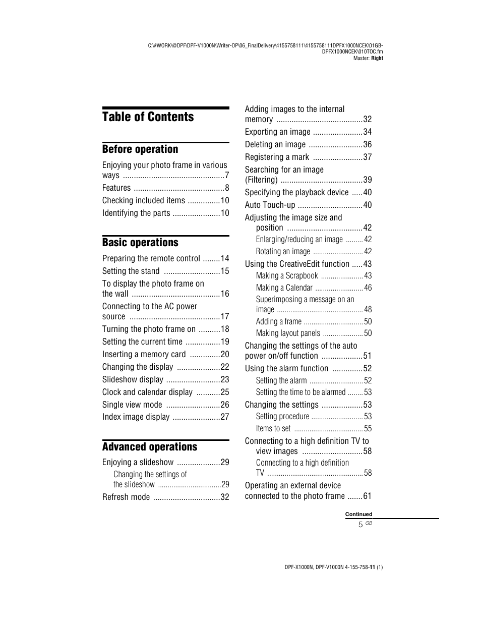 Sony S-Frame DPF-V1000N User Manual | Page 5 / 80