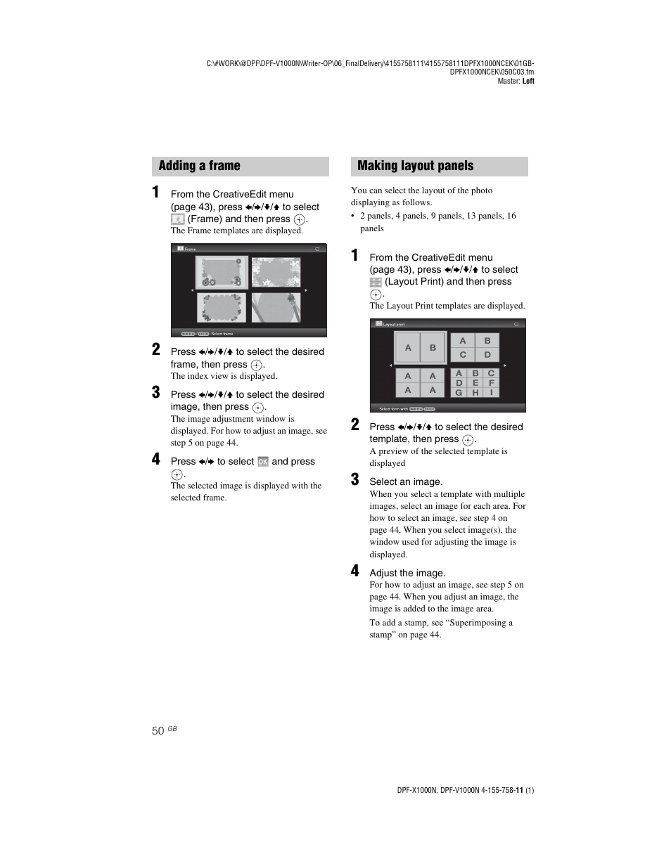 Adding a frame, Making layout panels, Adding a frame making layout panels | Sony S-Frame DPF-V1000N User Manual | Page 50 / 80