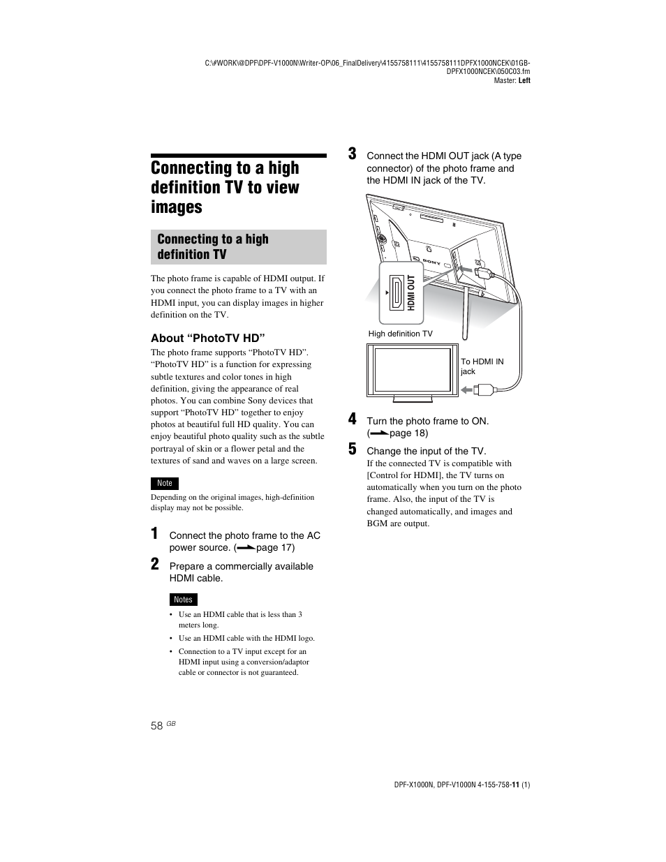 Connecting to a high definition tv to view images, Connecting to a high definition tv, Connecting to a high definition tv to | View images connecting to a high definition tv | Sony S-Frame DPF-V1000N User Manual | Page 58 / 80