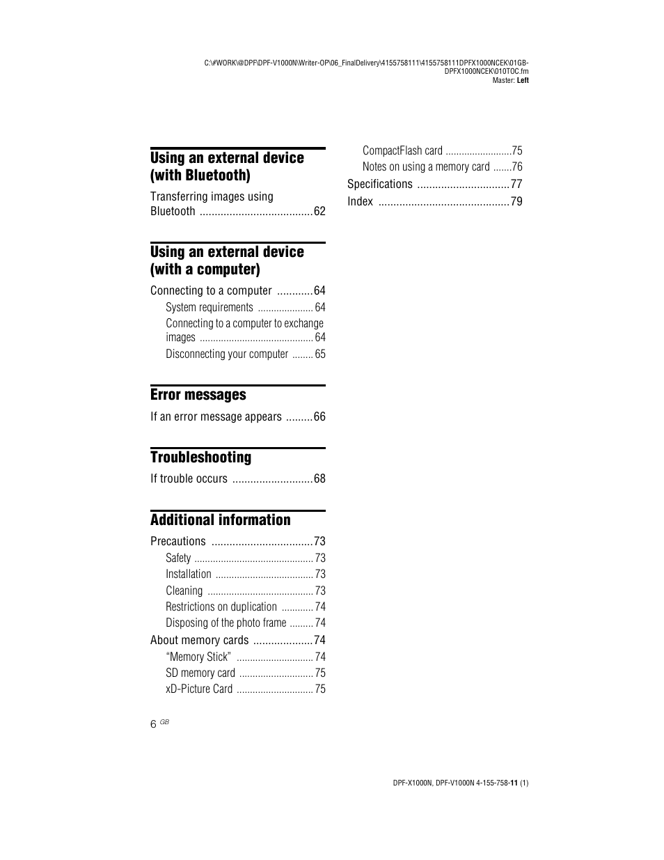 Using an external device (with bluetooth), Using an external device (with a computer), Error messages | Troubleshooting, Additional information | Sony S-Frame DPF-V1000N User Manual | Page 6 / 80