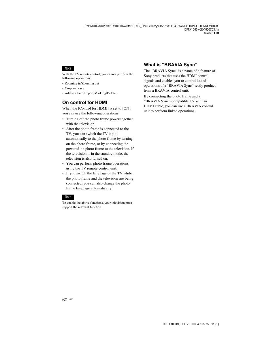 On control for hdmi, What is “bravia sync | Sony S-Frame DPF-V1000N User Manual | Page 60 / 80