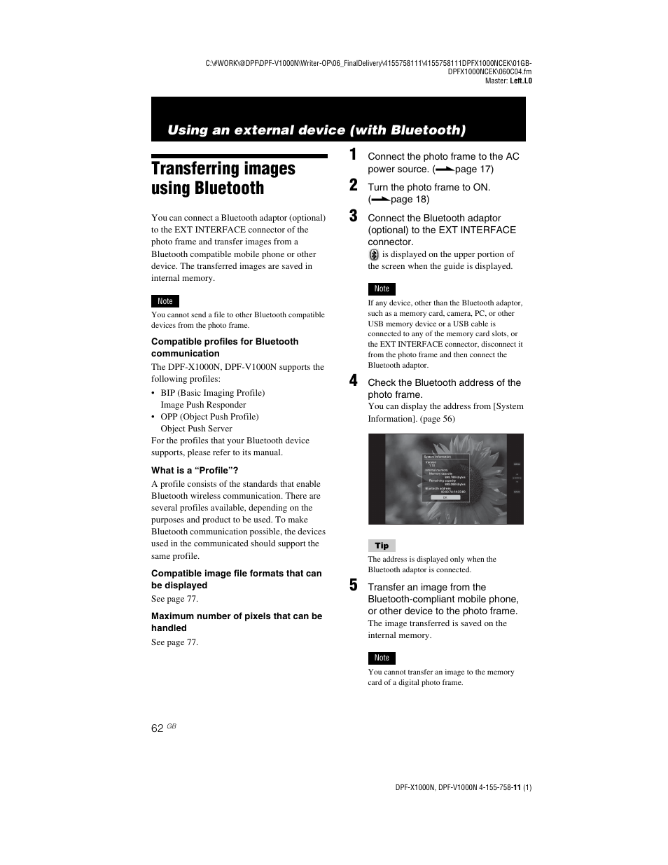 Using an external device (with bluetooth), Transferring images using bluetooth, Using an external device | With bluetooth) | Sony S-Frame DPF-V1000N User Manual | Page 62 / 80