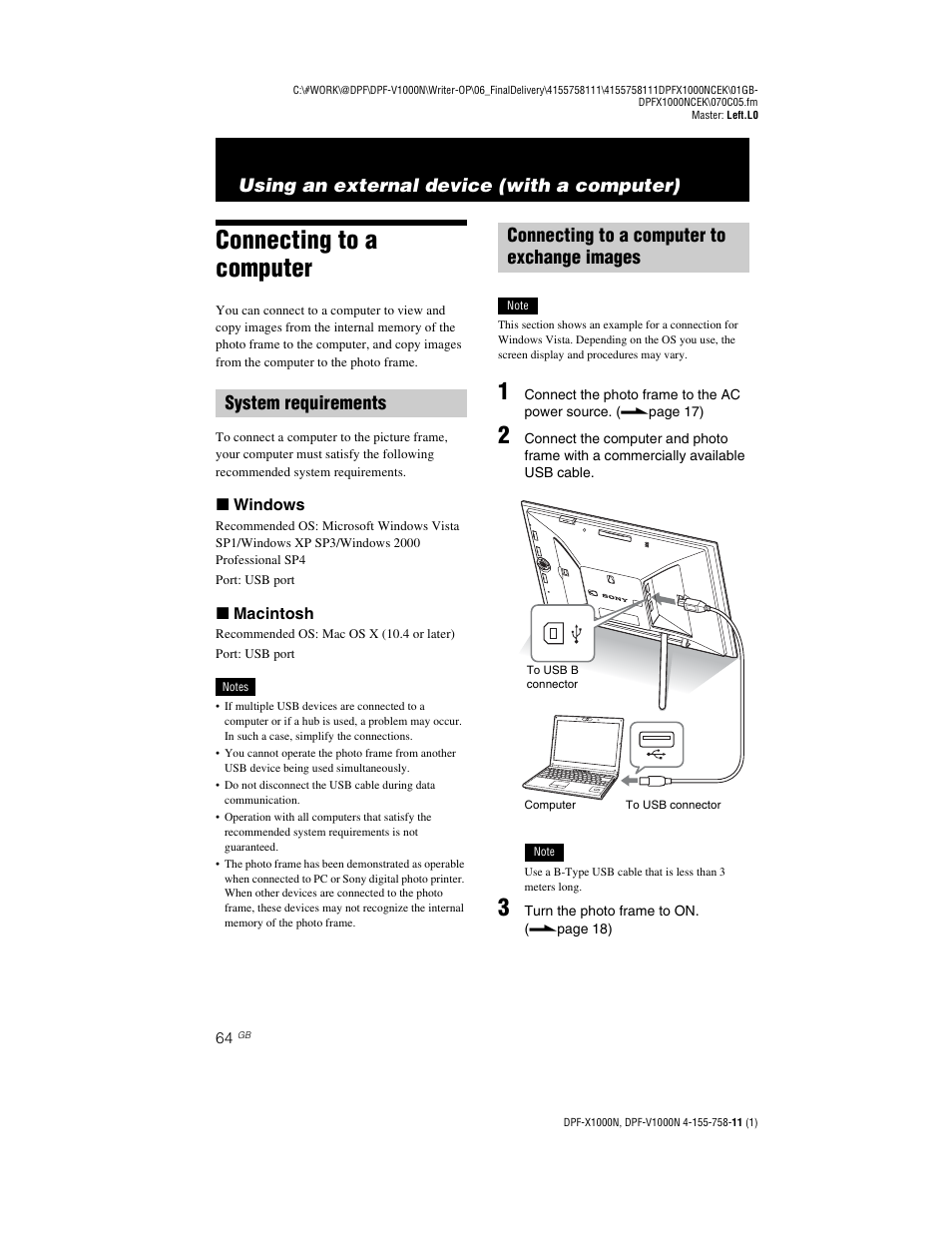 Using an external device (with a computer), Connecting to a computer, System requirements | Connecting to a computer to exchange images, Using an external device, With a computer) | Sony S-Frame DPF-V1000N User Manual | Page 64 / 80