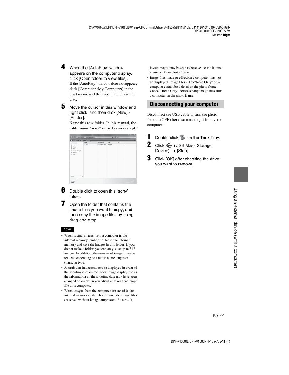Disconnecting your computer | Sony S-Frame DPF-V1000N User Manual | Page 65 / 80