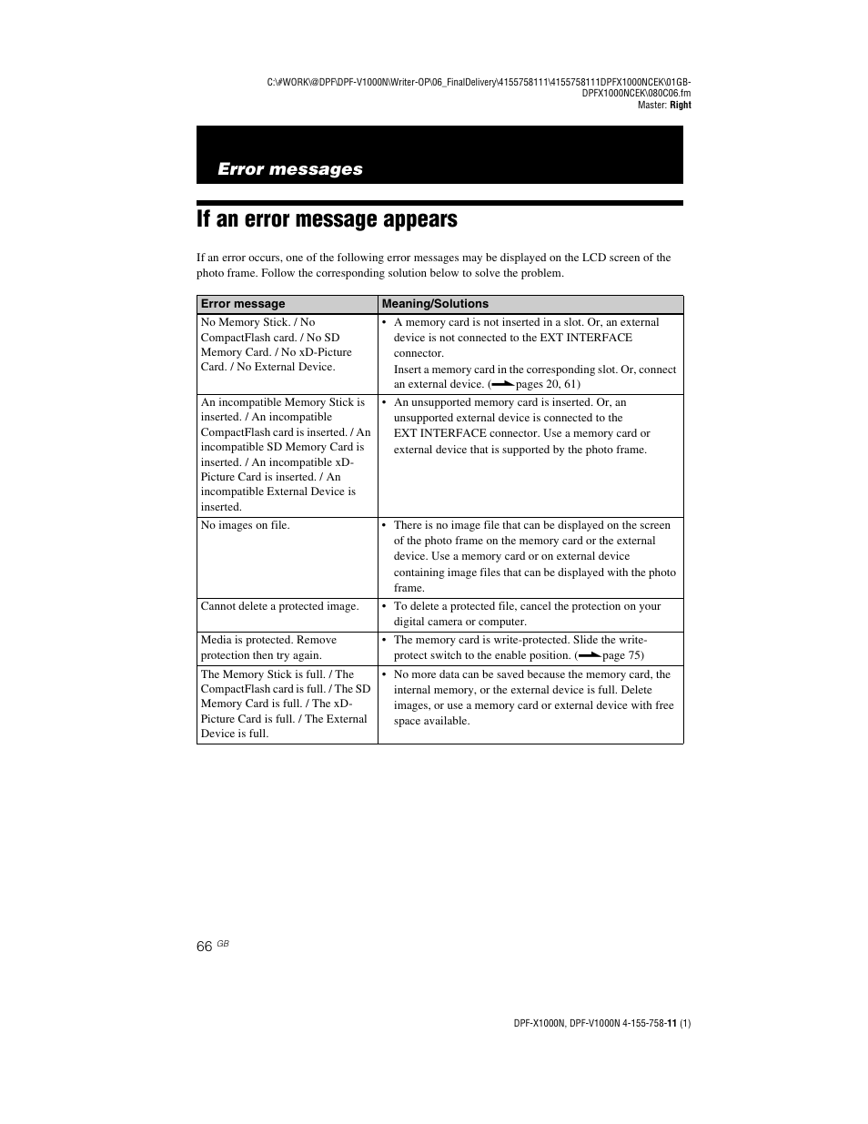 Error messages, If an error message appears | Sony S-Frame DPF-V1000N User Manual | Page 66 / 80