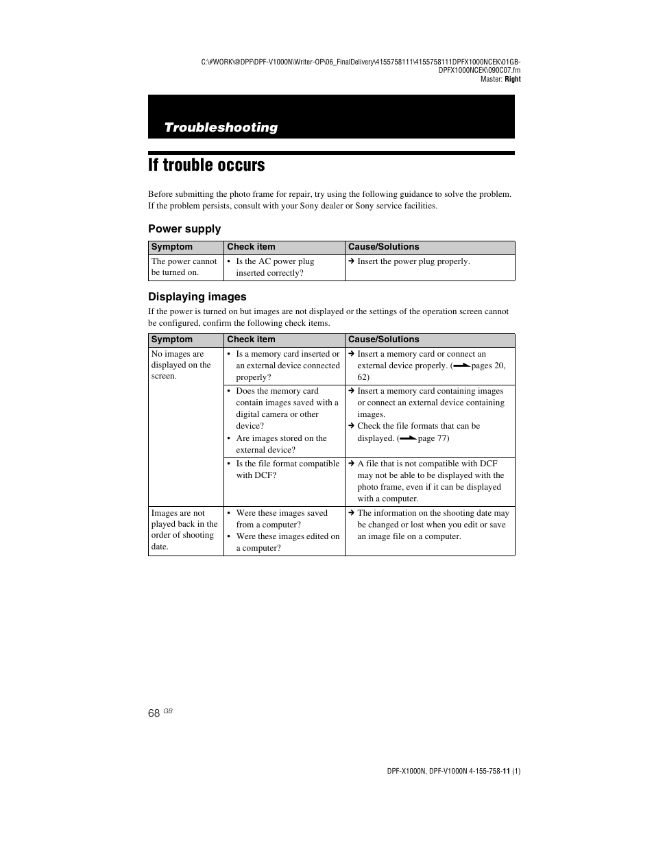 Troubleshooting, If trouble occurs | Sony S-Frame DPF-V1000N User Manual | Page 68 / 80