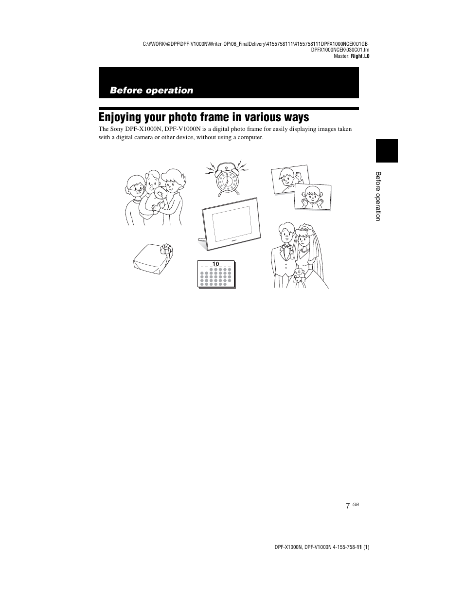 Before operation, Enjoying your photo frame in various ways | Sony S-Frame DPF-V1000N User Manual | Page 7 / 80