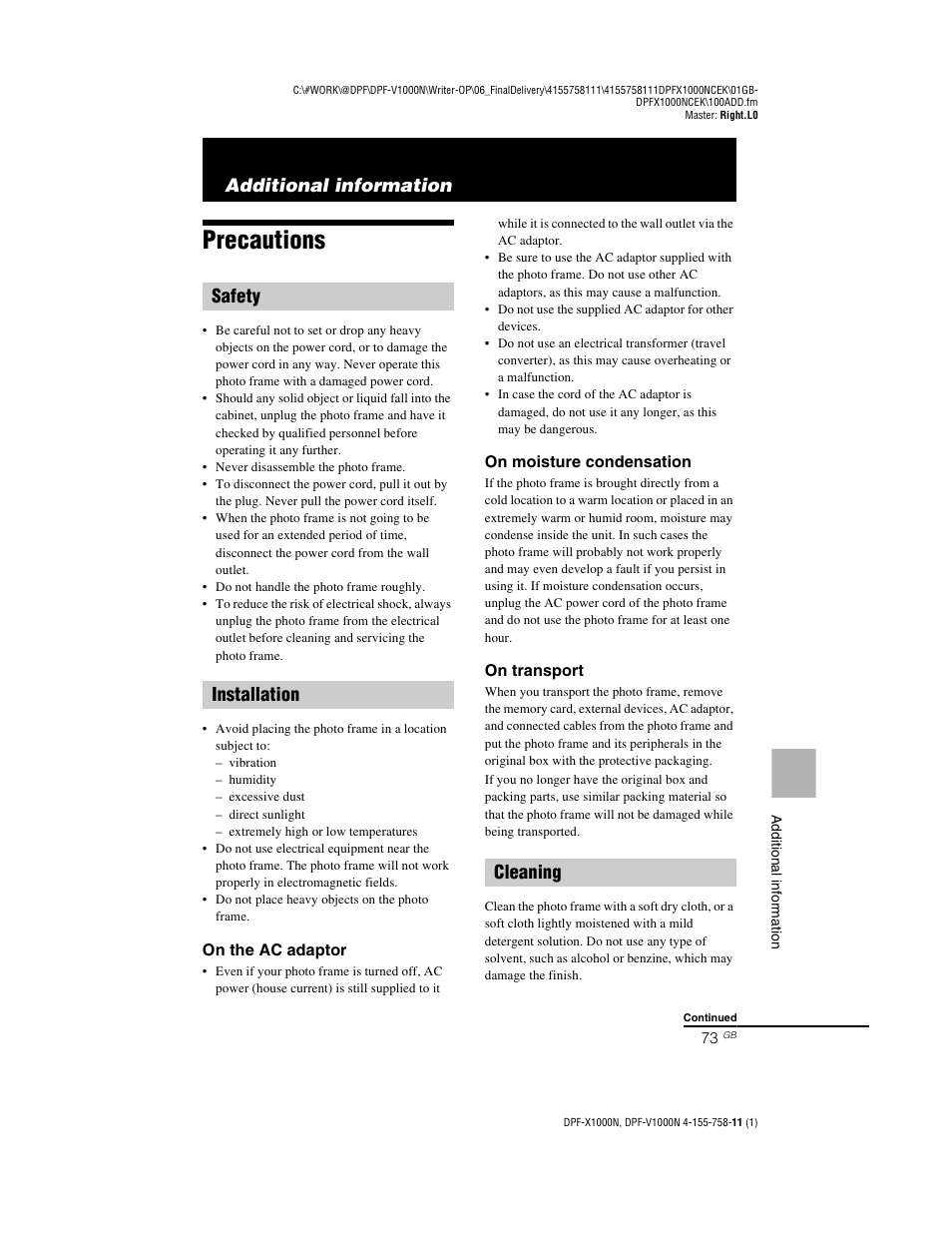 Additional information, Precautions, Safety | Installation, Cleaning, Safety installation cleaning | Sony S-Frame DPF-V1000N User Manual | Page 73 / 80
