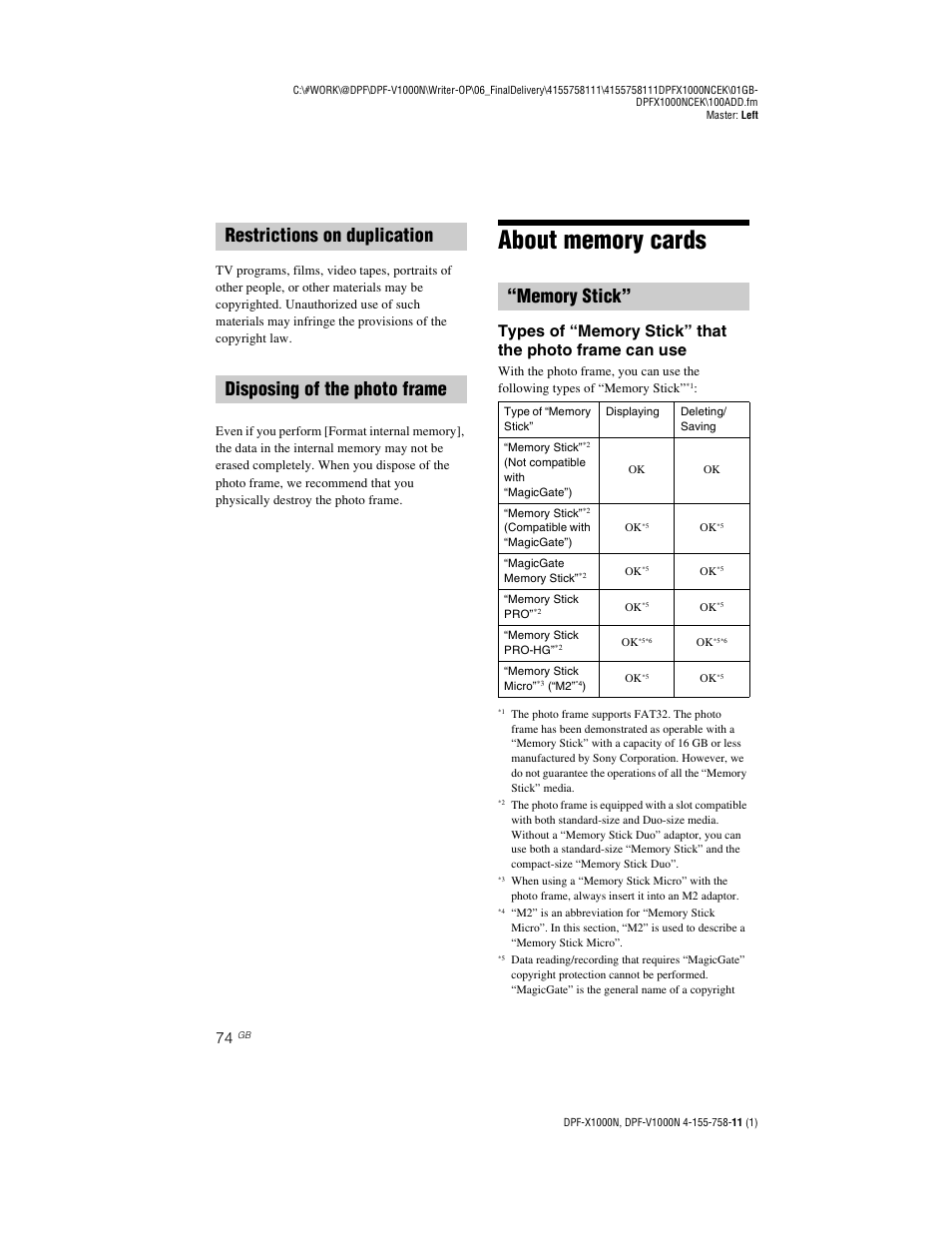 Restrictions on duplication, Disposing of the photo frame, About memory cards | Memory stick, About memory | Sony S-Frame DPF-V1000N User Manual | Page 74 / 80