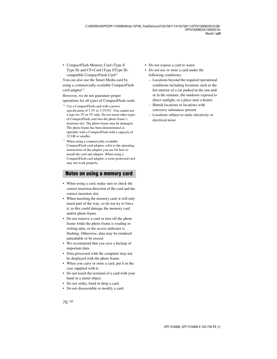 Notes on using a memory card | Sony S-Frame DPF-V1000N User Manual | Page 76 / 80