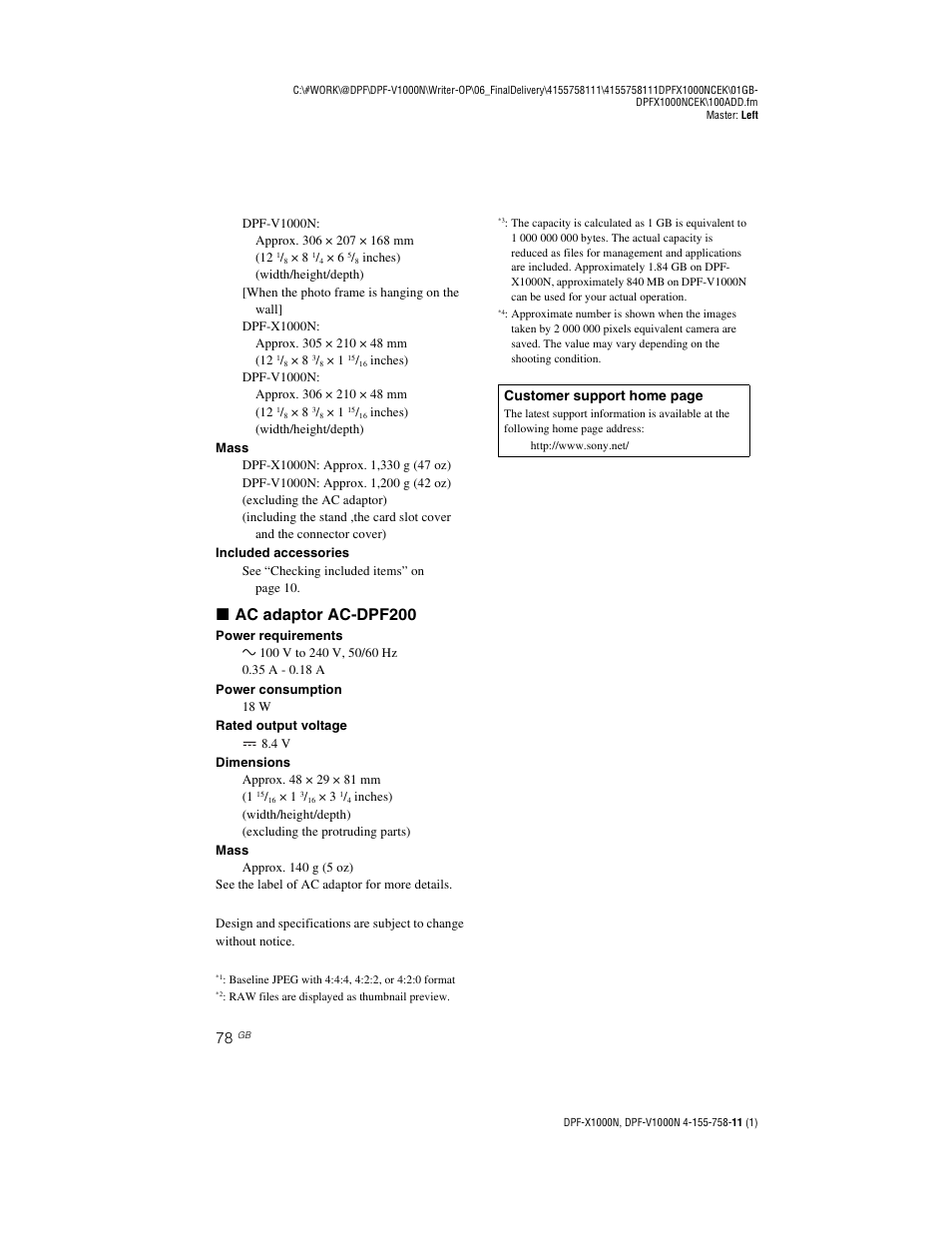 X ac adaptor ac-dpf200 | Sony S-Frame DPF-V1000N User Manual | Page 78 / 80
