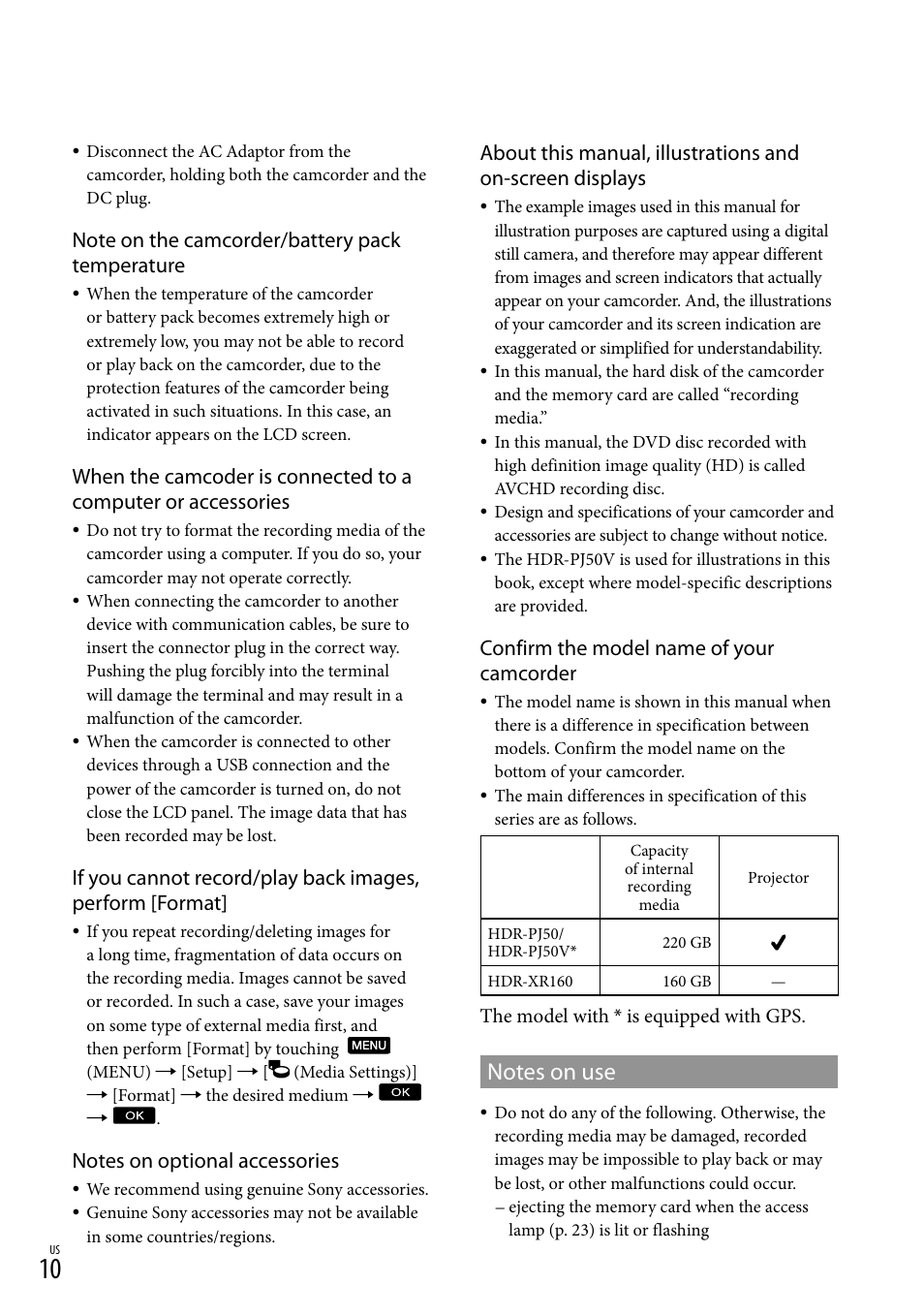 Confirm the model name of your camcorder | Sony XR160 User Manual | Page 10 / 151