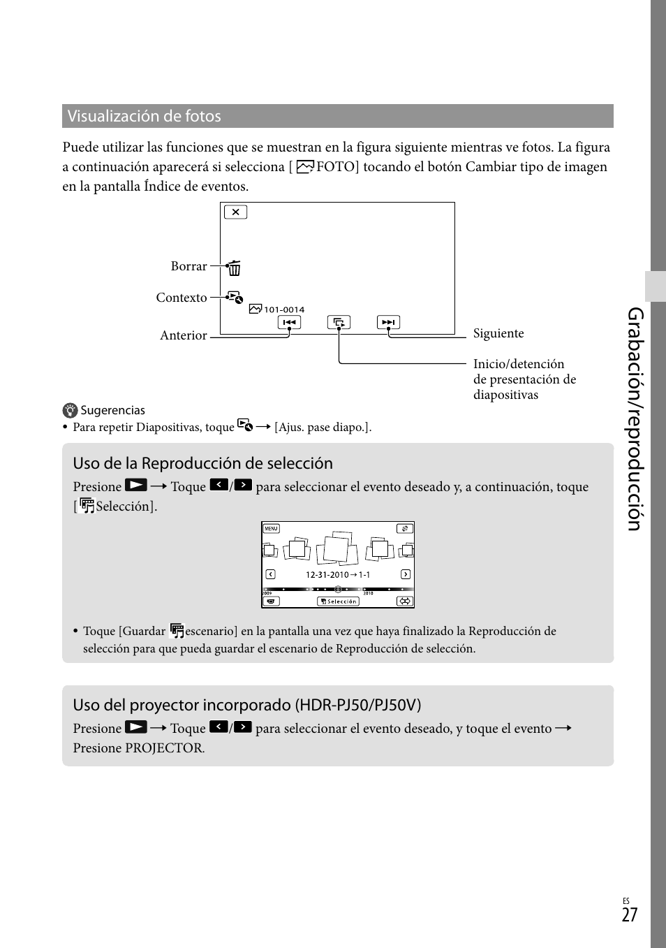 Uso de la reproducción de selección, Uso del proyector incorporado (hdr-pj50/pj50v), Gr abación/r epr oduc ción | Sony XR160 User Manual | Page 103 / 151