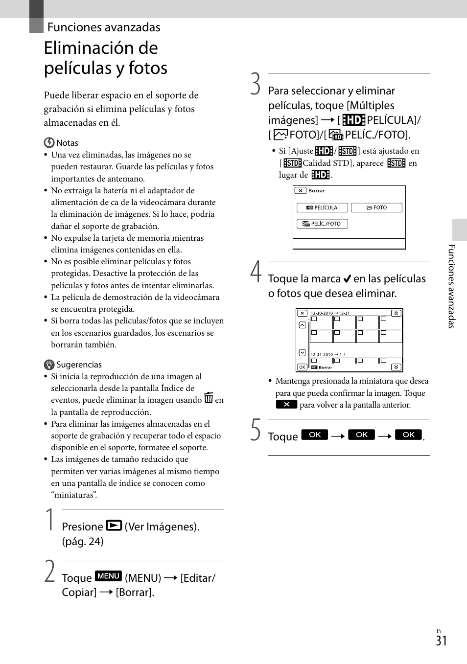 Funciones avanzadas, Eliminación de películas y fotos | Sony XR160 User Manual | Page 107 / 151