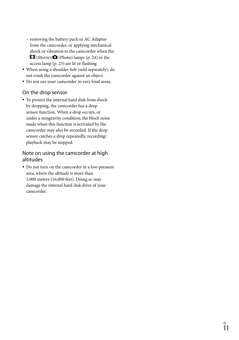 On the drop sensor | Sony XR160 User Manual | Page 11 / 151