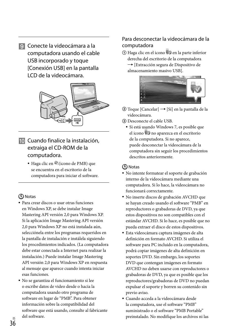Para desconectar la videocámara de la computadora | Sony XR160 User Manual | Page 112 / 151
