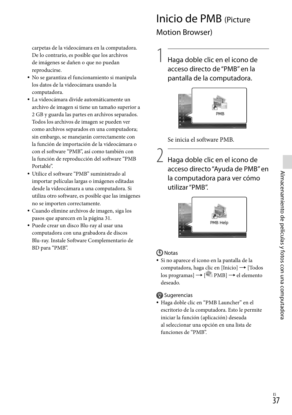 Inicio de pmb (picture motion browser), Inicio de pmb, Picture motion browser) | Sony XR160 User Manual | Page 113 / 151