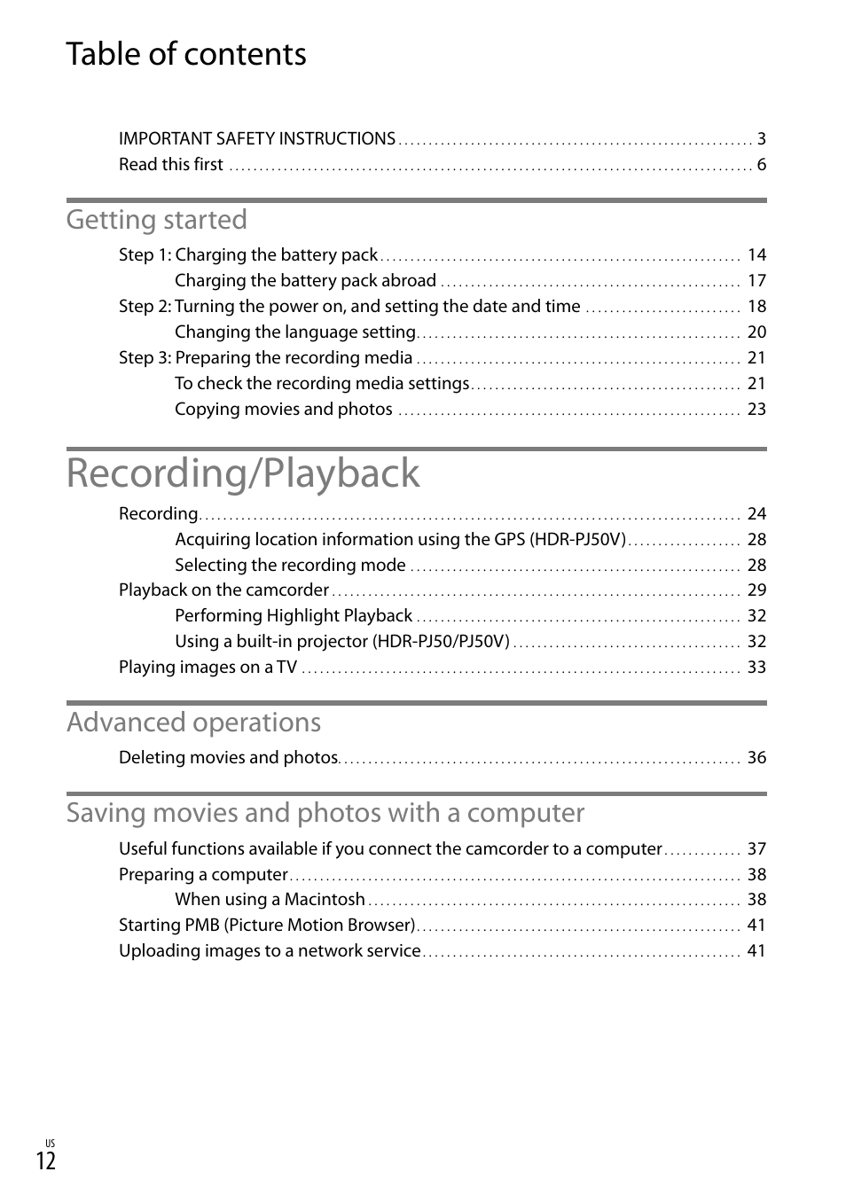 Sony XR160 User Manual | Page 12 / 151
