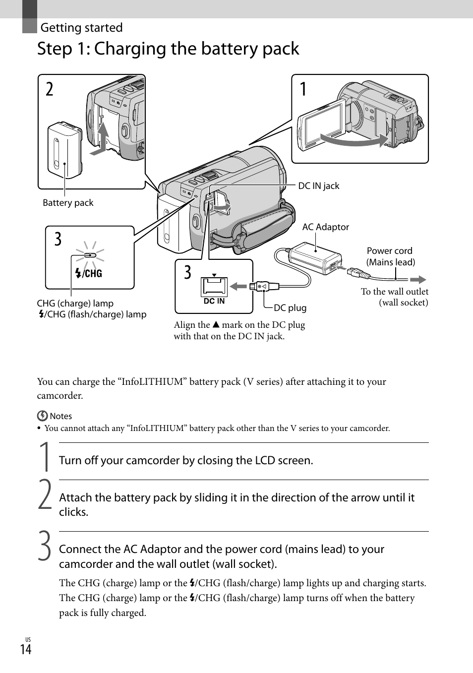 Getting started, Step 1: charging the battery pack | Sony XR160 User Manual | Page 14 / 151