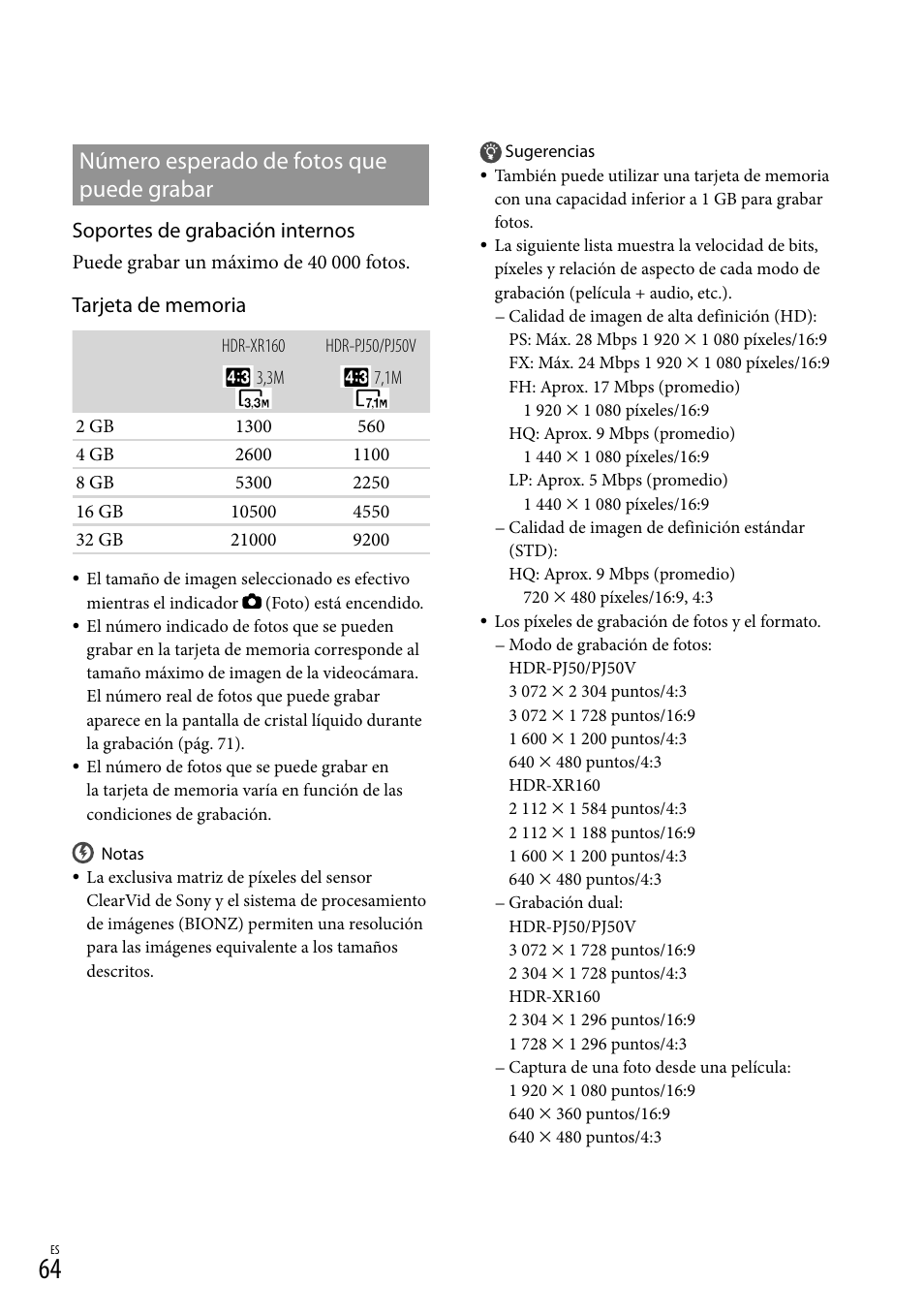 Número esperado de fotos que puede grabar, Soportes de grabación internos | Sony XR160 User Manual | Page 140 / 151