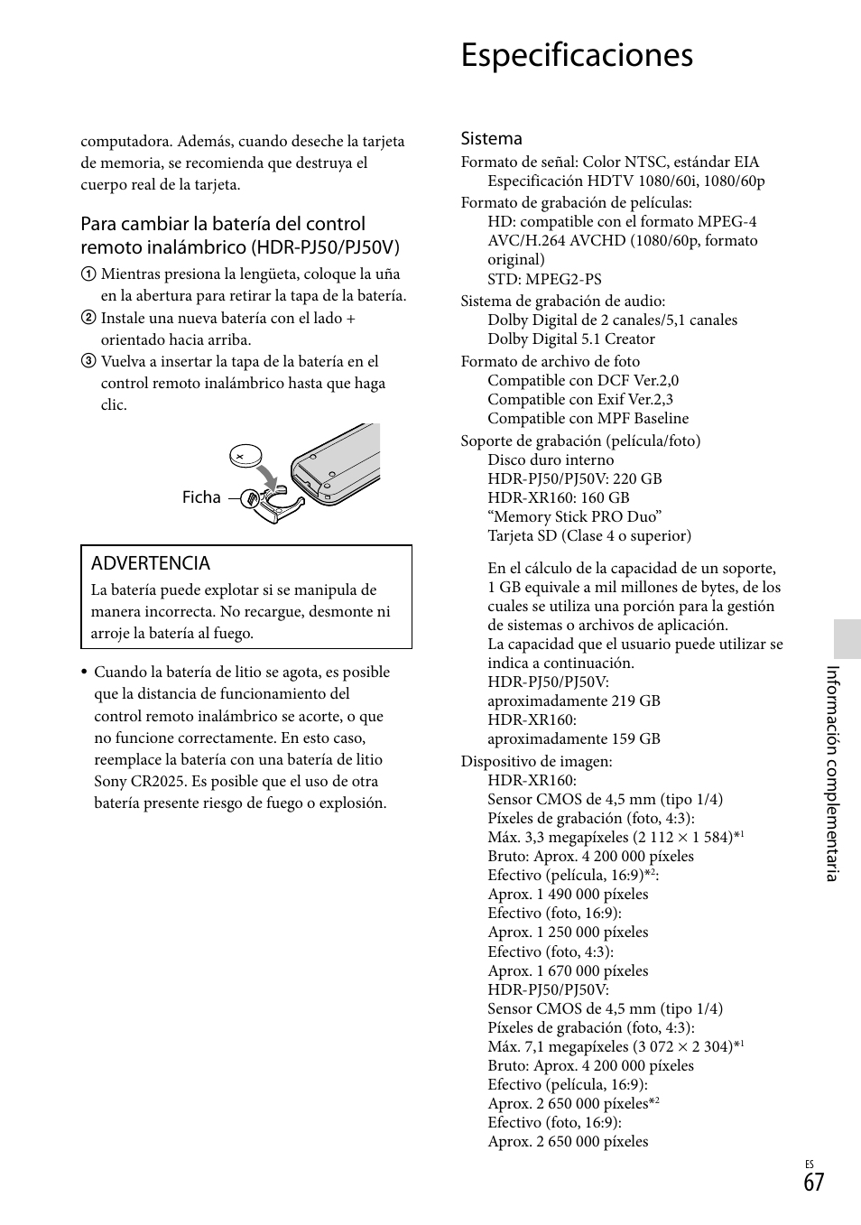 Especificaciones, Advertencia | Sony XR160 User Manual | Page 143 / 151