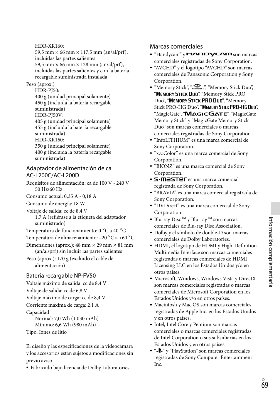 Marcas comerciales, Batería recargable np-fv50 | Sony XR160 User Manual | Page 145 / 151