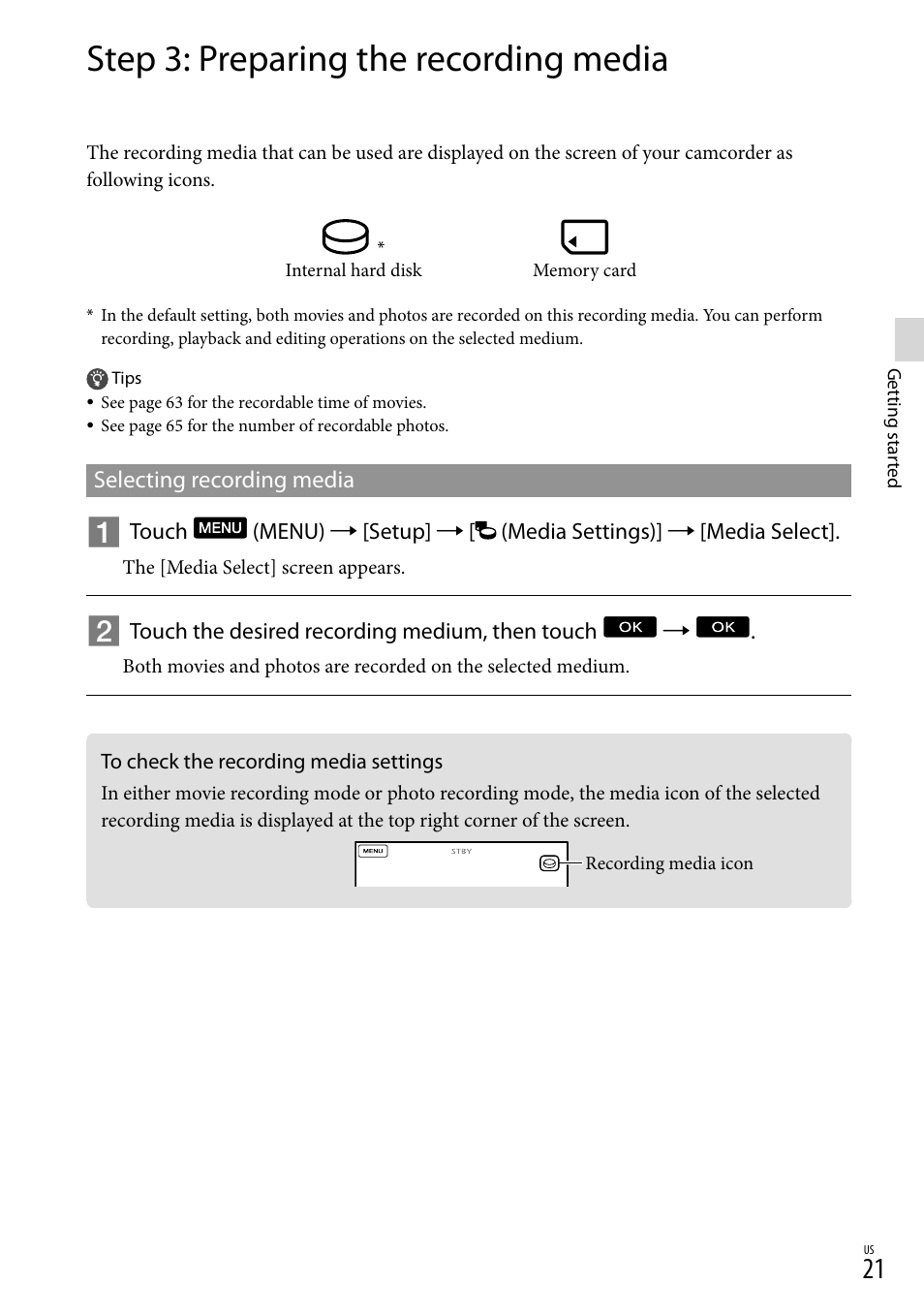 Step 3: preparing the recording media, To check the recording media settings | Sony XR160 User Manual | Page 21 / 151