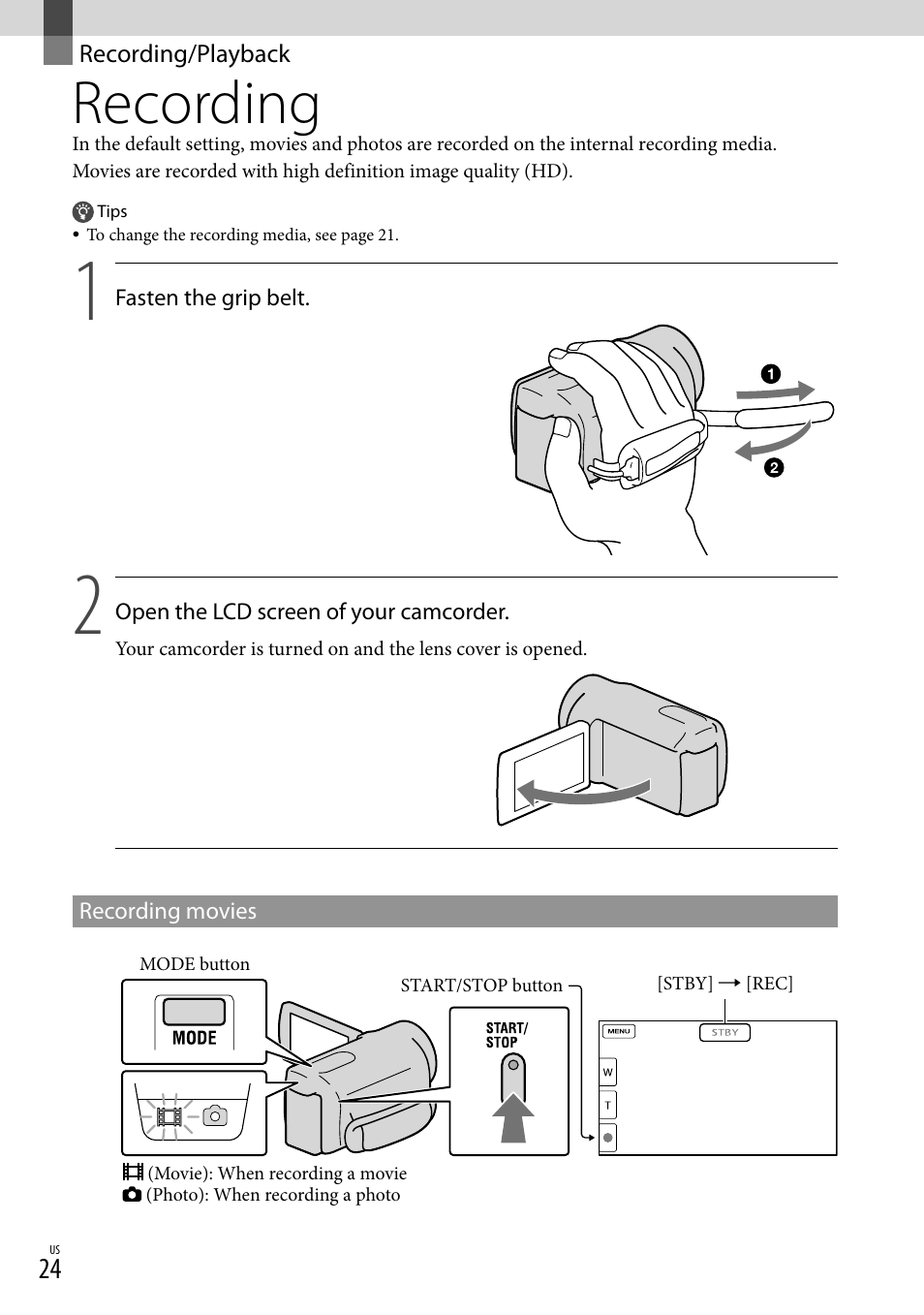 Recording/playback, Recording, 24), t | Sony XR160 User Manual | Page 24 / 151